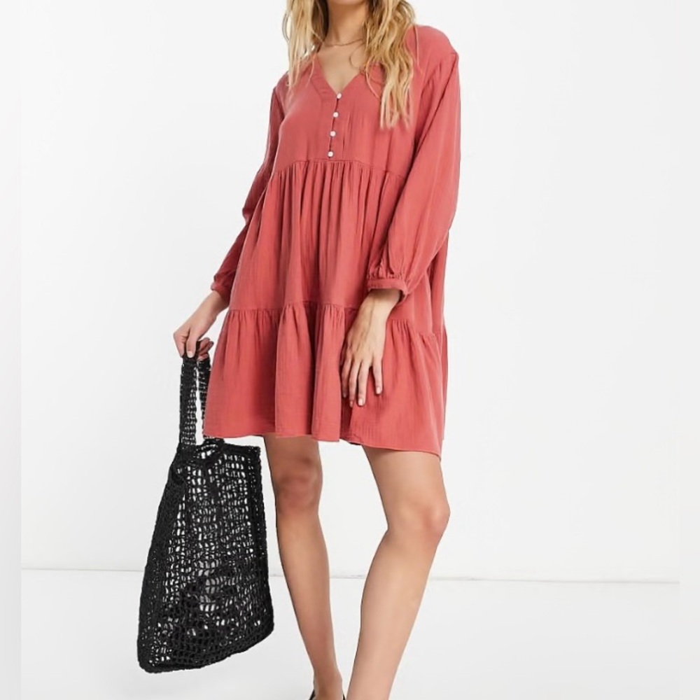Madewell Half Button Front Tiered  Mini Dress Sz 4 Long Sleeve Rust Red Boho